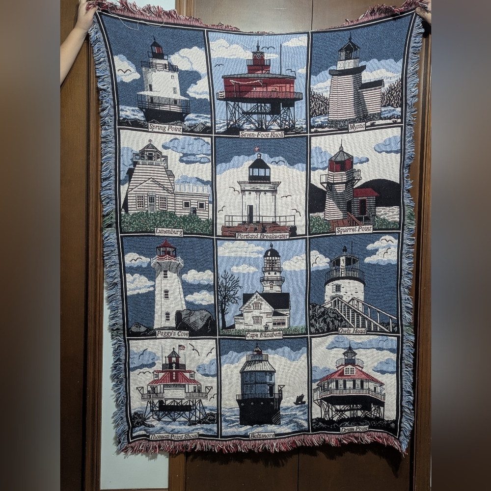 Vintage Goodwin Weavers 100% Cotton Lighthouse Tapestry Throw Blanket 63″x44″